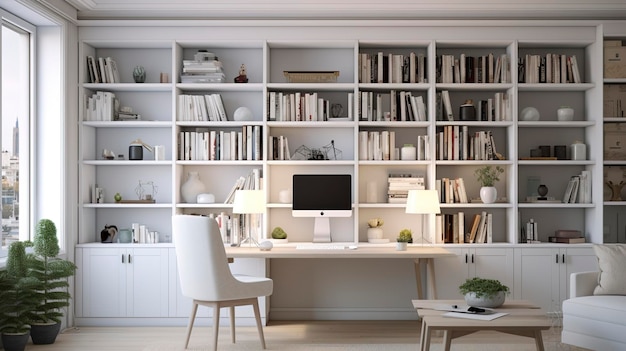 Oficina en casa elegante con estanterías blancas