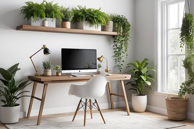 Foto una oficina en casa con un escritorio de estantería flotante y vegetación colgante