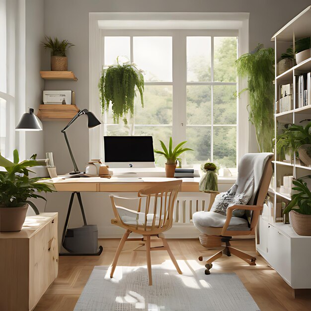 una oficina en casa con un escritorio una silla una planta y una ventana