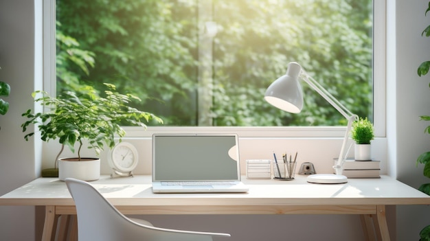 Oficina en casa limpia y sencilla con un escritorio blanco y plantas en macetas