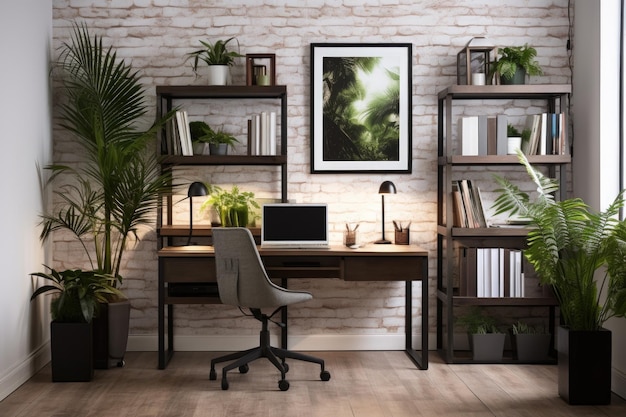 Oficina en casa minimalista moderna con plantas.