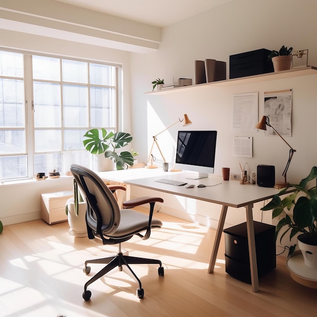 Oficina en casa moderna con abundante luz natural