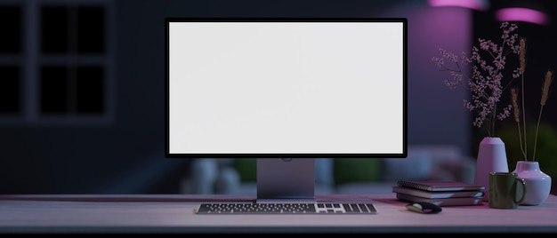 Una oficina en casa moderna con una maqueta de computadora de pantalla blanca en una mesa con luces de neón