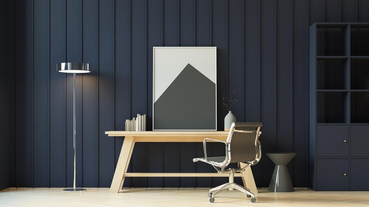 oficina en casa de pared azul de lujo, sala de trabajo - representación 3D