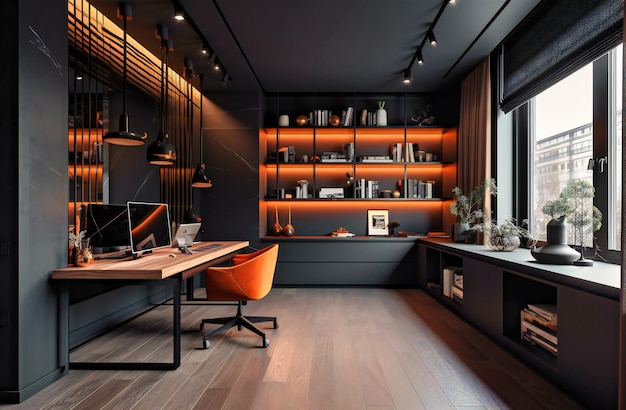 Una oficina en casa con pisos de madera modernos y paredes negras