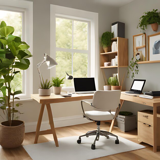 una oficina en casa con una planta y una computadora portátil en un escritorio