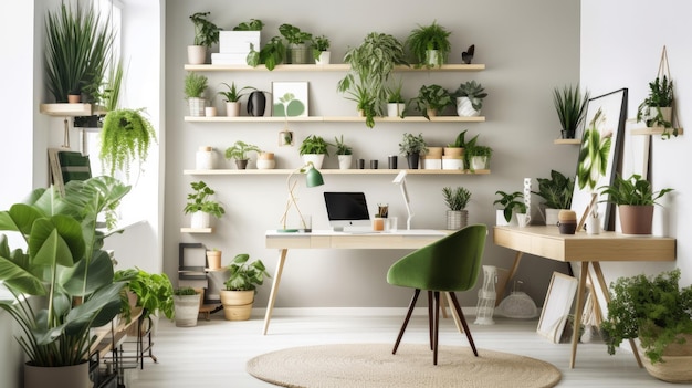 Una oficina en casa con una silla verde y una silla verde.