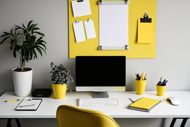 Foto oficina en casa simple y bien organizada con objetos amarillos de pizarra y cuaderno sobre la mesa