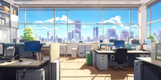 Oficina contemporánea con una escena de anime de vista urbana expansiva