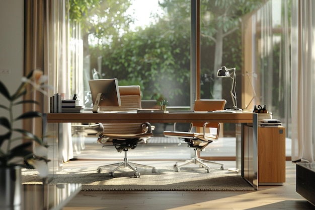 Oficina contemporánea en el hogar con escritorio elegante y ergon