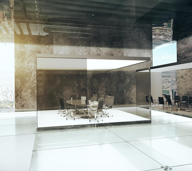 Foto oficina contemporánea con moderna sala de conferencias acristalada y paredes de hormigón con luz solar 3d render