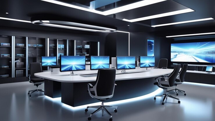Oficina corporativa de alta tecnología con tecnología avanzada y diseño elegante