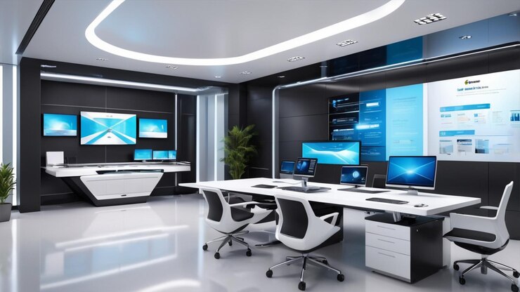 Oficina corporativa de alta tecnología con tecnología avanzada y diseño elegante