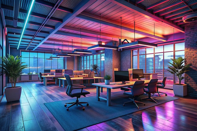 Oficina corporativa de estilo moderno con luz del atardecer (Unternehmensstelle für modernen Stil mit Abendlicht)