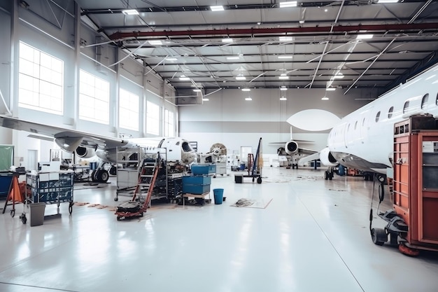 Oficina de reparação de alta tecnologia com sistemas de voo aviônicos e peças mecânicas criadas com IA generativa
