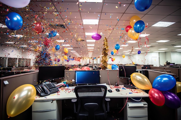 Foto una oficina decorada con globos y rayas de dulces en el aire también para cumpleaños