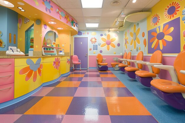 Oficina de dentista infantil colorida con una decoración divertida