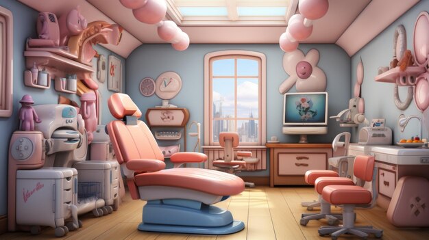 Una oficina de dentistas con un tema rosa y azul