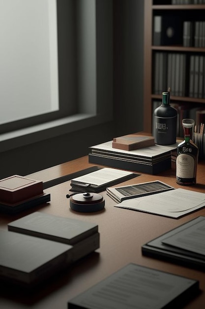 Una oficina de detectives privados completa con un escritorio lleno de archivos de casos y una botella de whisky
