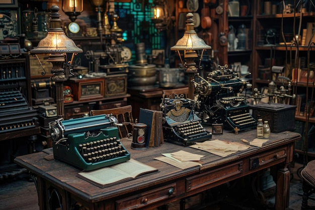 Una oficina de detectives steampunk adornada con lámparas de gas y máquinas de escribir antiguas donde engranajes intrincados y aparatos de bronce se alinean en los estantes