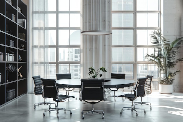 Oficina del director ejecutivo blanca con mesa redonda sillas negras ventanas altas