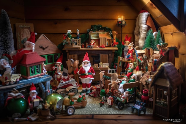 Oficina do Papai Noel com elfos e brinquedos ao fundo criados com IA generativa