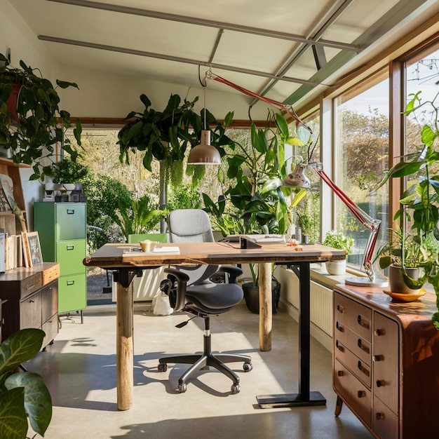 una oficina doméstica ecológica con materiales sostenibles iluminación eficiente en el uso de la energía plantas de interior