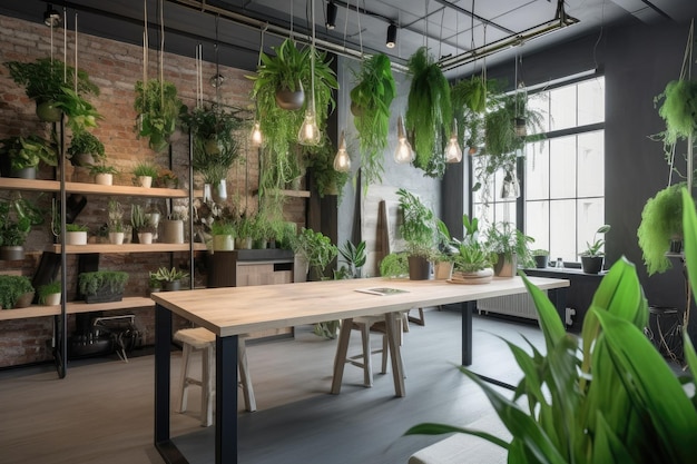 Oficina ecológica con plantas y materiales naturales para el diseño de interiores creado con ai generativa