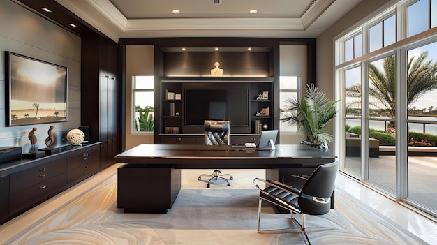 Oficina ejecutiva elegante y pulida con escritorio elegante y acabados de alta gama
