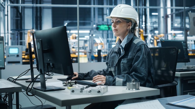Oficina de fábrica de automóviles Retrato de ingeniero masculino que trabaja en la línea de ensamblaje de brazos robóticos automatizados por computadora Fabricación de vehículos eléctricos Técnico de monitoreo de producción electrónica Transportador