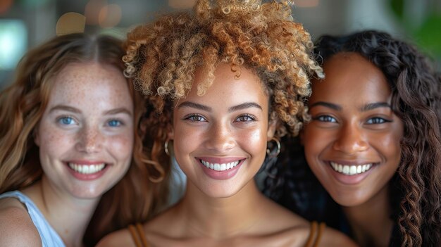 En la oficina un grupo multiétnico feliz de mujeres de negocios sonríen y trabajan juntas