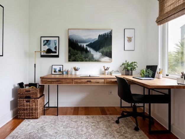 una oficina en el hogar bañada en luz natural con decoración artística y un interior de espacio de trabajo creativo