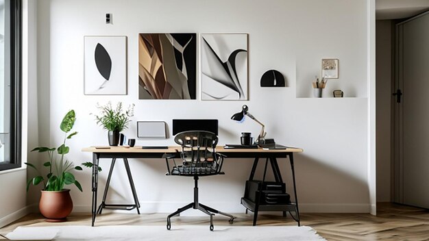 Oficina en el hogar contemporánea con un escritorio de pie y obras de arte modernas