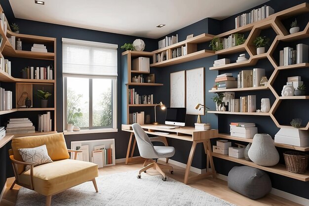 Una oficina en el hogar con una estantería de forma hexagonal y un acogedor rincón de lectura
