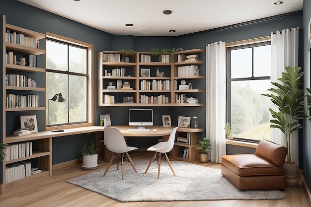 Una oficina en el hogar con una estantería de forma hexagonal y un acogedor rincón para leer