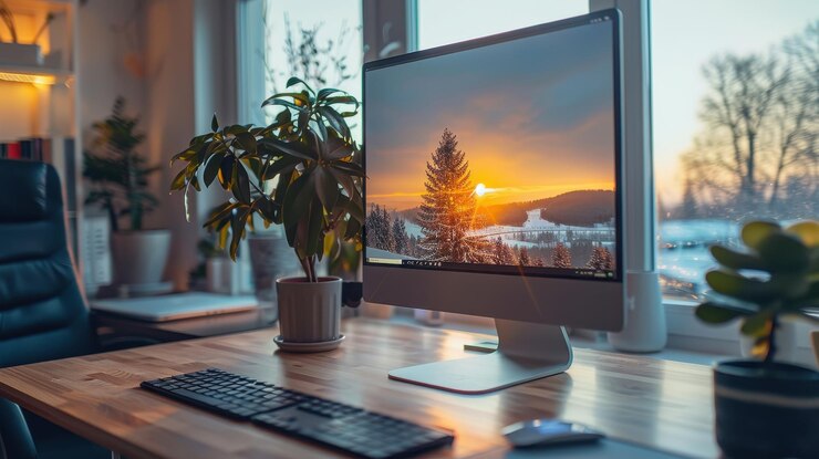 Oficina en el hogar con luz de puesta de sol y computadora de escritorio
