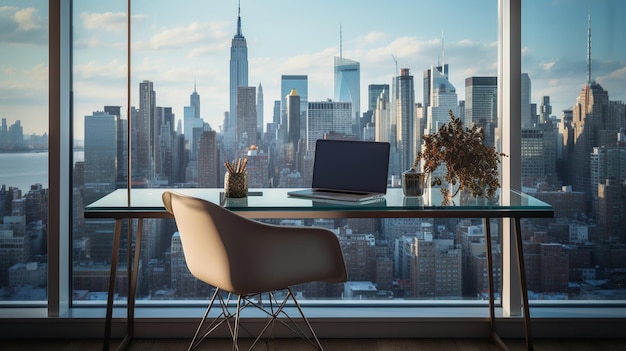 Oficina en el hogar minimalista con una vista impresionante de la ciudad