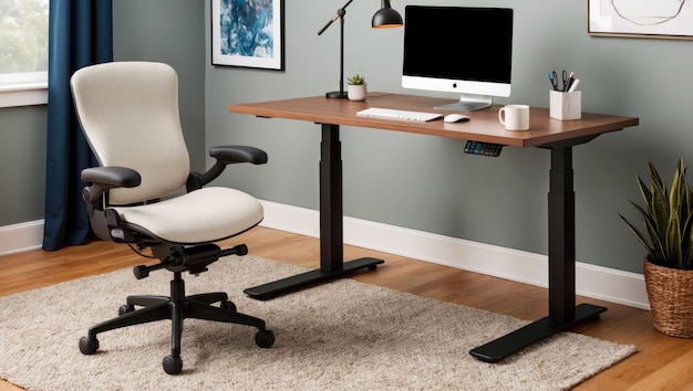 Oficina en el hogar moderna con silla ergonómica, escritorio, computadora y decoración elegante