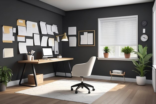 Una oficina en el hogar con un rollo de papel montado en la pared para hacer lluvia de ideas y dibujar ilustraciones vectoriales en estilo plano