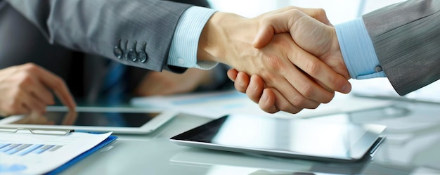 En una oficina, hombres de negocios se dan la mano a través de una mesa que contiene documentos y una tableta