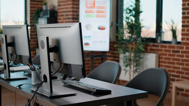 Oficina de inicio vacía con computadoras en el escritorio en la estación de trabajo, utilizada para hablar con los clientes en el trabajo del centro de llamadas. Nadie en el lugar de trabajo del servicio de atención al cliente con monitores y auriculares de audio.