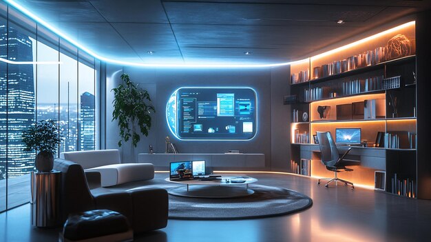 Una oficina inteligente con dispositivos IoT como iluminación automatizada, control del clima y sistemas de seguridad