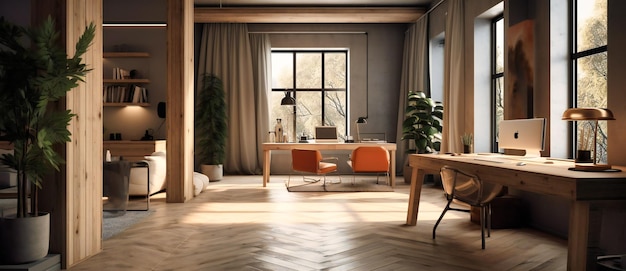 Una oficina interior blanca con pisos de madera y una decoración de estilo industrial