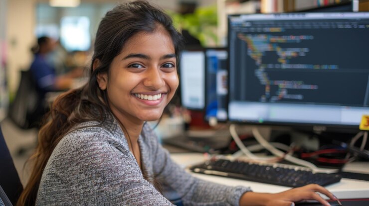 Foto en la oficina una joven programadora india trabaja con su portátil