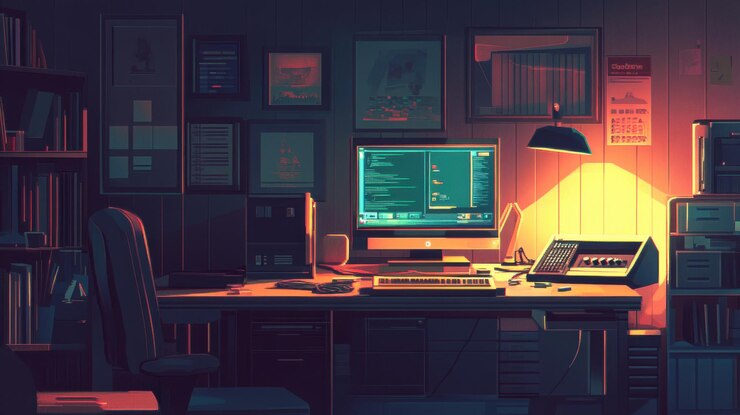Foto oficina de juegos minimalista con brillo nocturno