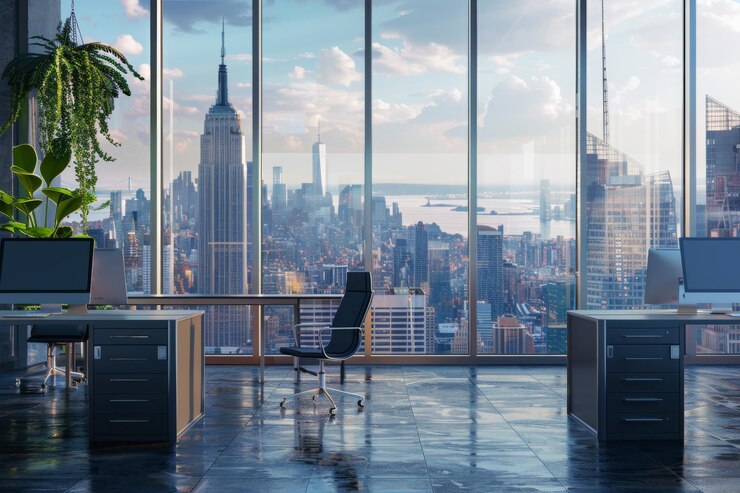 Oficina de lujo con una amplia vista del horizonte de la ciudad a través de ventanas de piso y techo con una elegante configuración de escritorio y plantas de interior