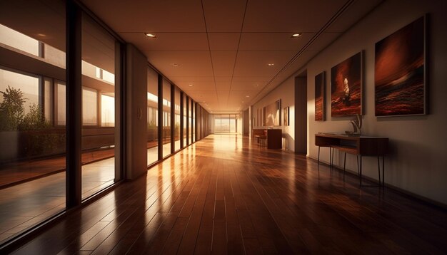 Oficina de lujo moderna con iluminación brillante y decoración interior elegante generada por inteligencia artificial