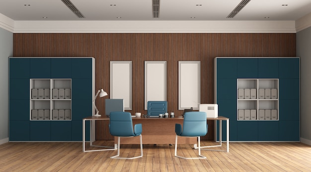 Oficina minimalista de madera y azul