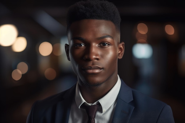 En una oficina moderna y luminosa, un joven y apuesto hombre de negocios afroamericano de 18 años con una gran sonrisa AI Generativo AIG18