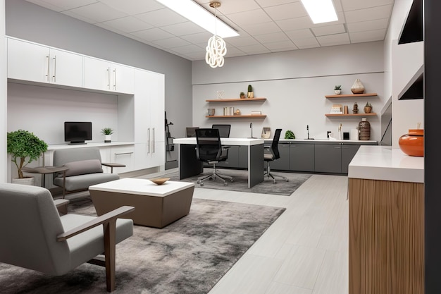 Una oficina moderna con muebles elegantes y líneas limpias creada con IA generativa